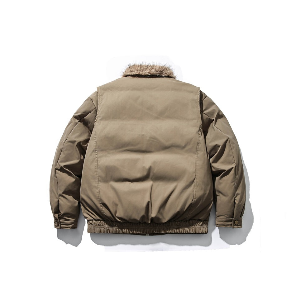 Back view of a taupe jacket with a faux-fur collar, long sleeves, and an elasticized hem.
