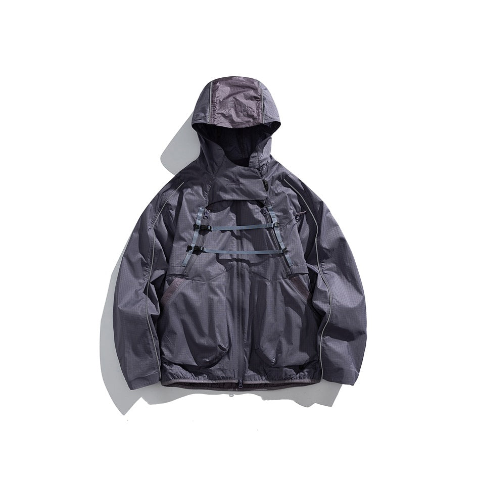 Gray-purple hooded zip jacket with two horizontal chest straps and large front pockets, flat lay