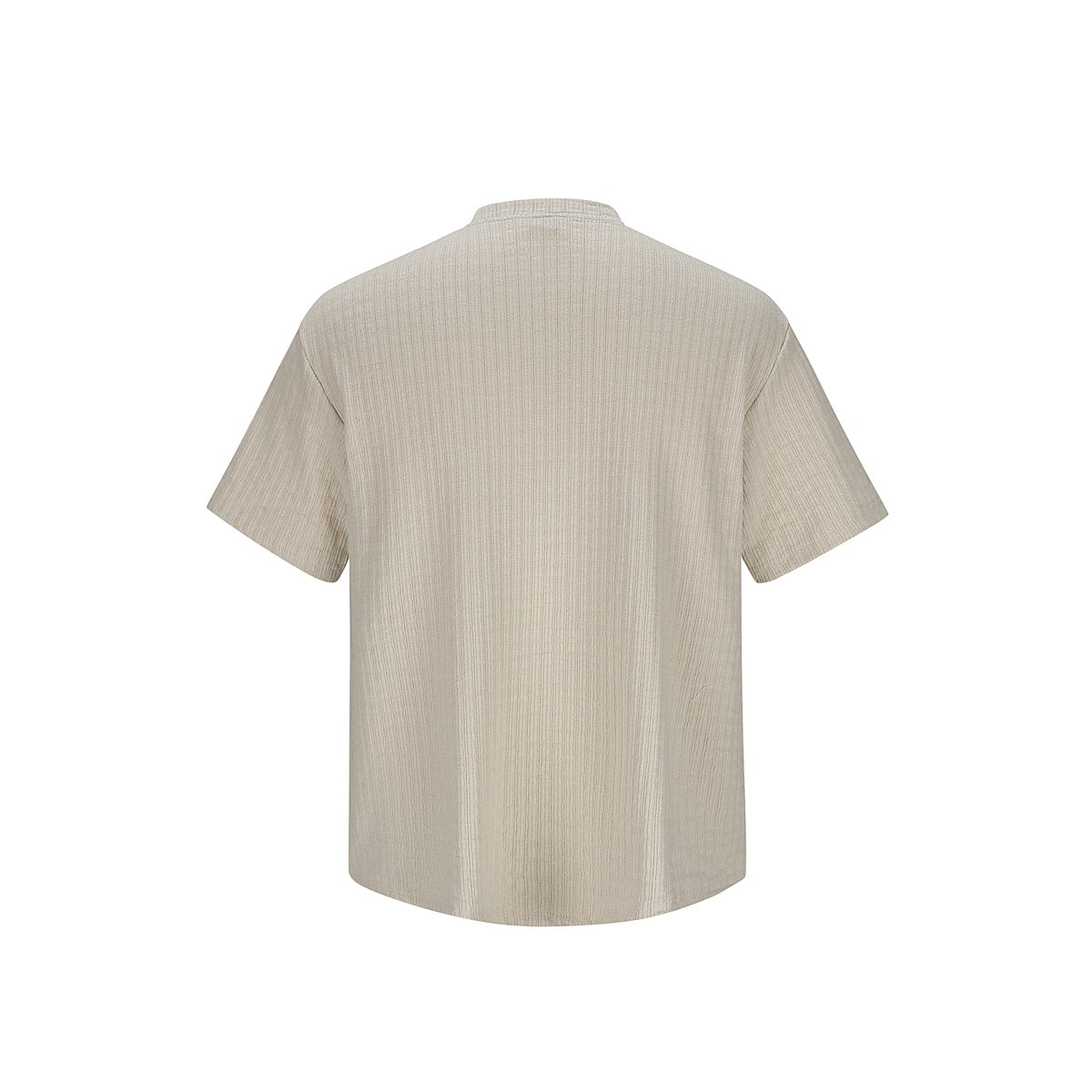 Back view of a plain beige short-sleeve ribbed crew-neck T-shirt.