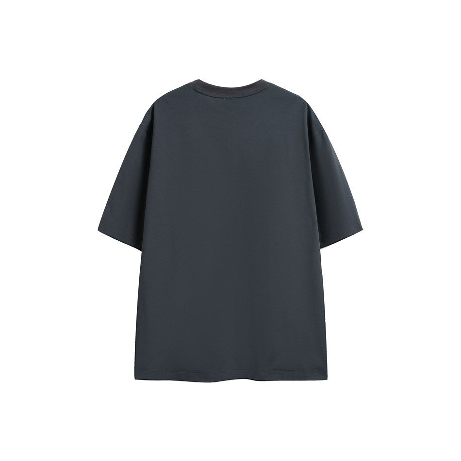 Back view of a plain dark gray short-sleeve crew-neck T-shirt with a ribbed collar