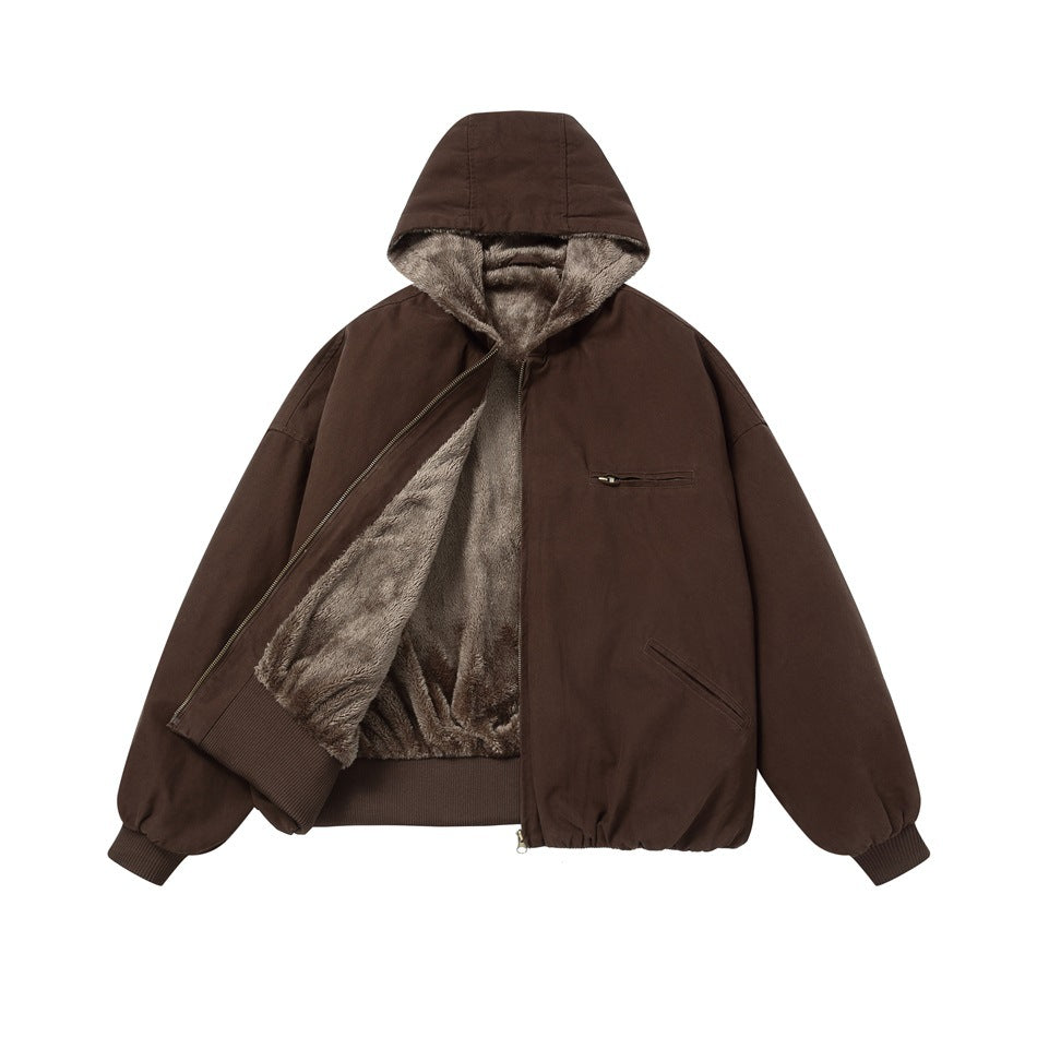 Brown hooded zip jacket flat lay with open front showing fleece-like lining, ribbed cuffs, chest zip pocket