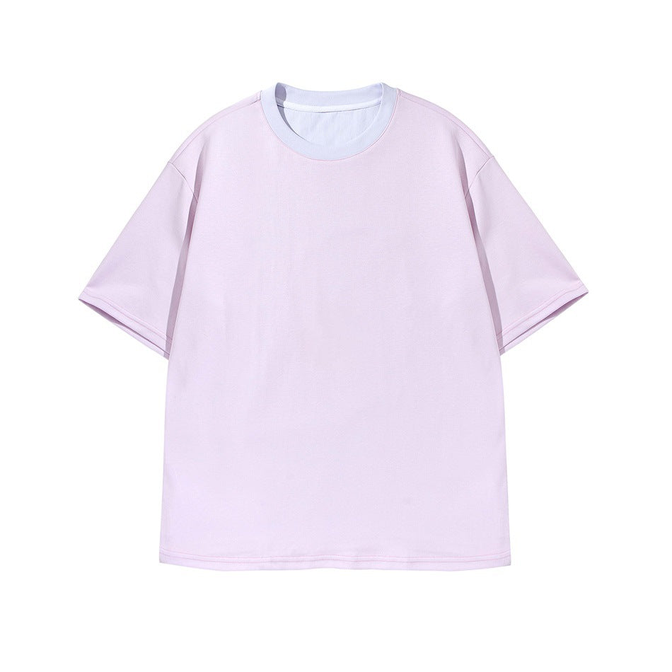 Pale pink short-sleeve crew-neck T-shirt with light lavender-white contrast collar, flat front view