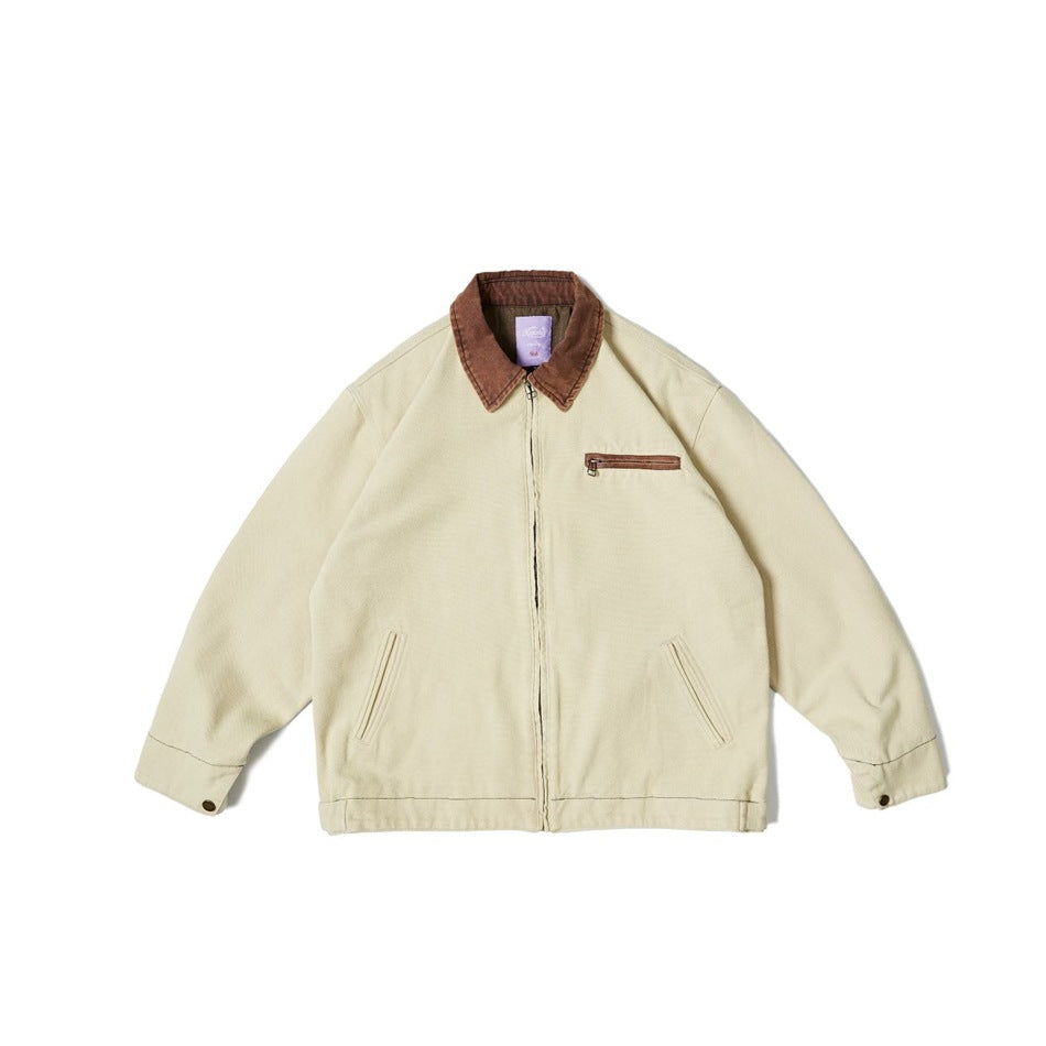 Cream zip jacket with brown collar, brown-trimmed chest zip pocket and snap cuffs, flat front view