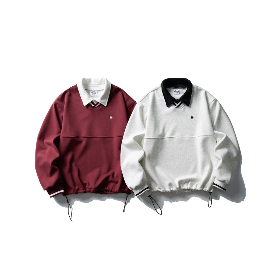 Two front-view sweatshirts laid flat: one burgundy with a white collar and one light gray with a black collar.