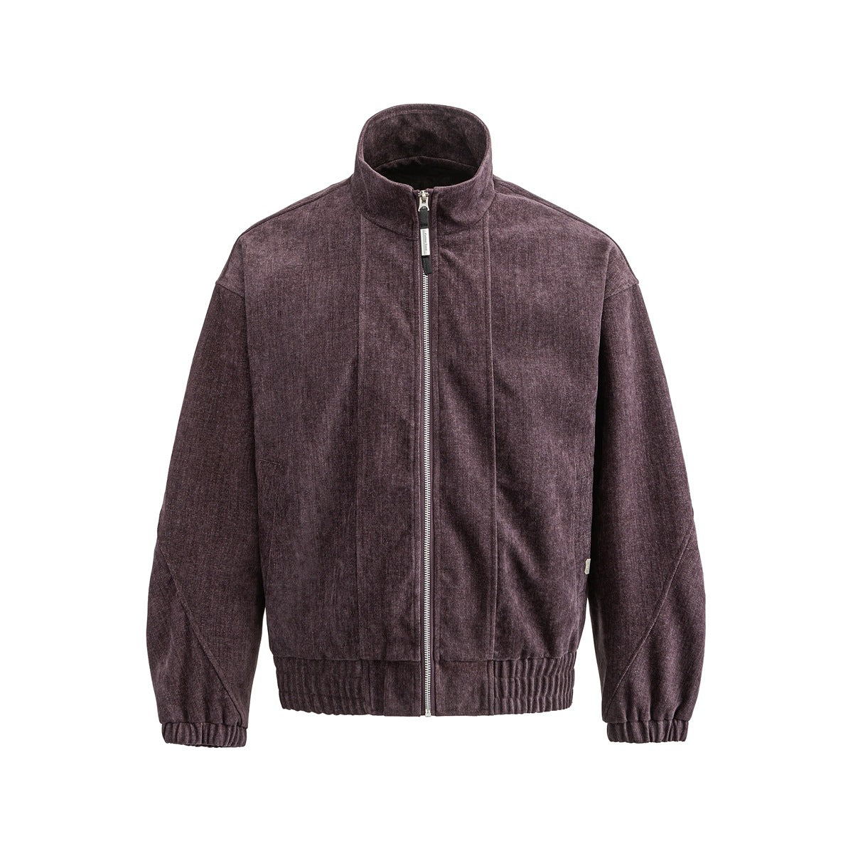 Purple stand-collar zip jacket with textured fabric, elastic hem and cuffs, front view on a white background
