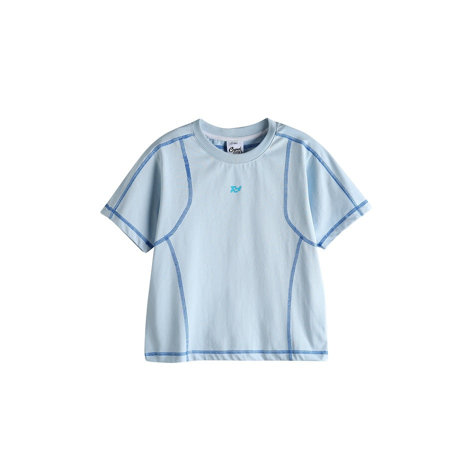 Light blue short-sleeve crew-neck T-shirt with blue contrast stitching and a small chest logo, flat front view