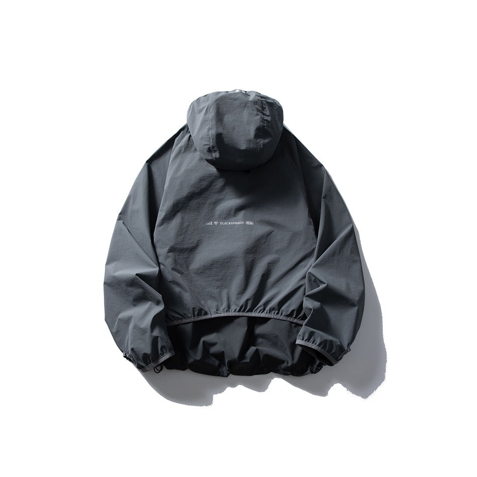 Rear view of a charcoal hooded jacket with elastic cuffs and hem against a white background.