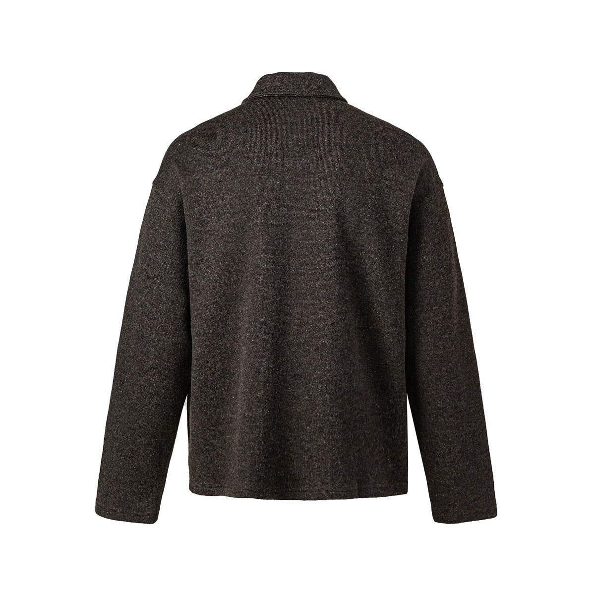 Back view of a dark brown heathered long-sleeve collared pullover.