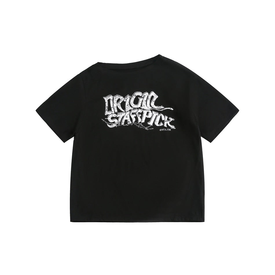 Black short-sleeve crew-neck T-shirt with a large white stylized graphic printed across the chest.