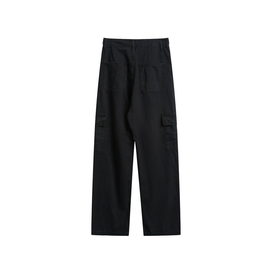 Back view of black wide-leg cargo pants with two rear patch pockets and flap thigh pockets.