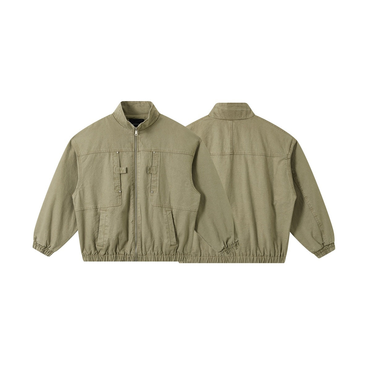 Olive-khaki jacket shown from the front and back, with a zip front, chest pockets and elastic cuffs and hem.
