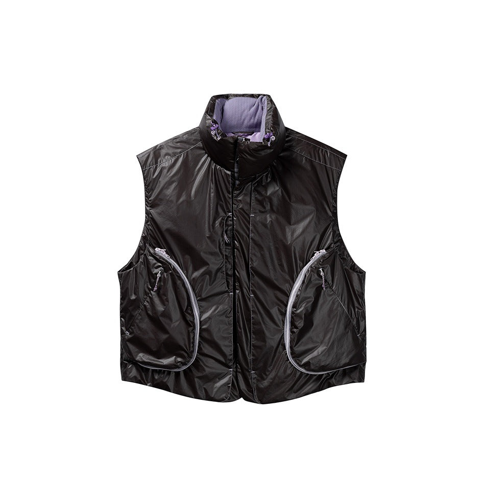 Black stand-collar quilted vest with gray-lilac curved zip pockets and purple inner collar, flat lay front view