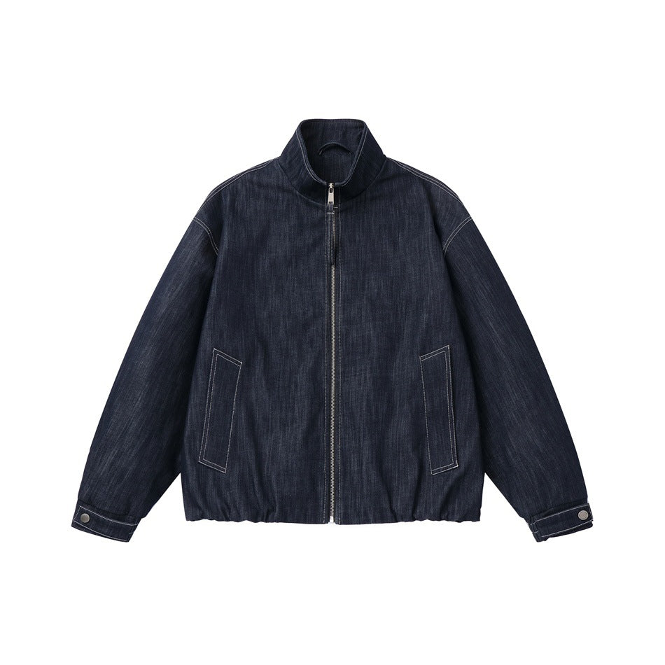 Dark indigo denim stand-collar zip jacket, front flat lay with contrast stitching, front pockets and snap-tab cuffs