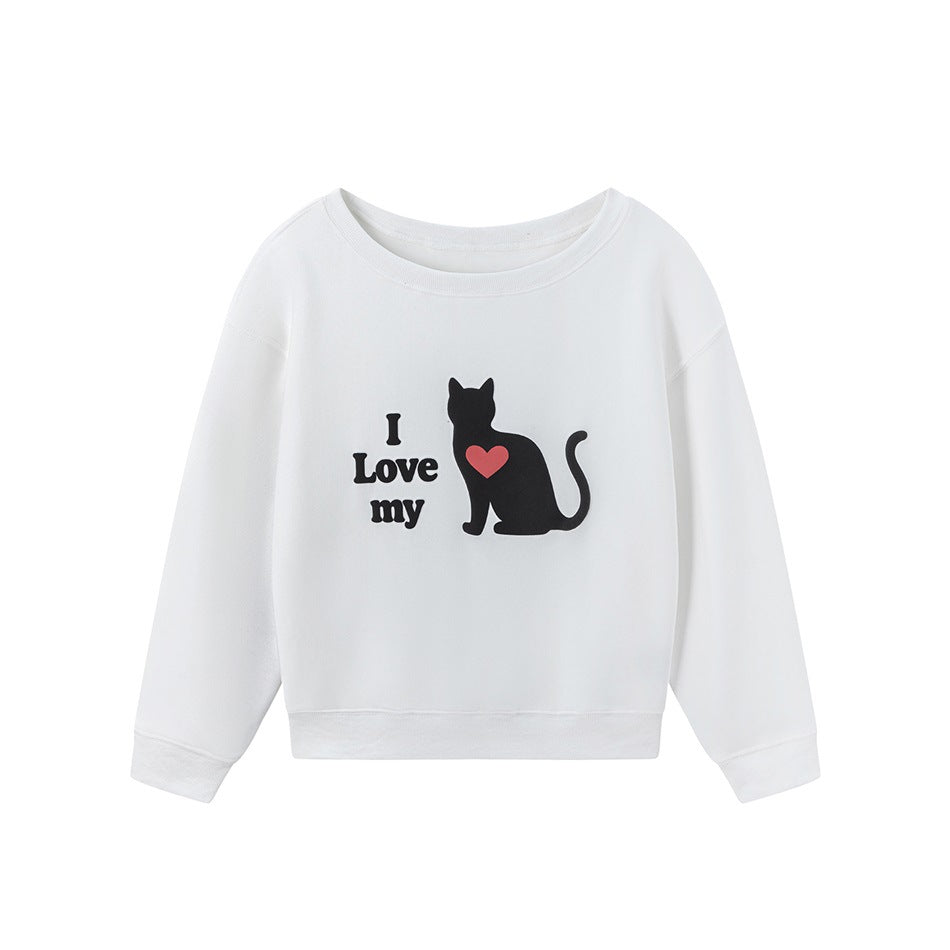 White crew-neck sweatshirt with black cat silhouette, red heart and 'I Love my' print, flat front view
