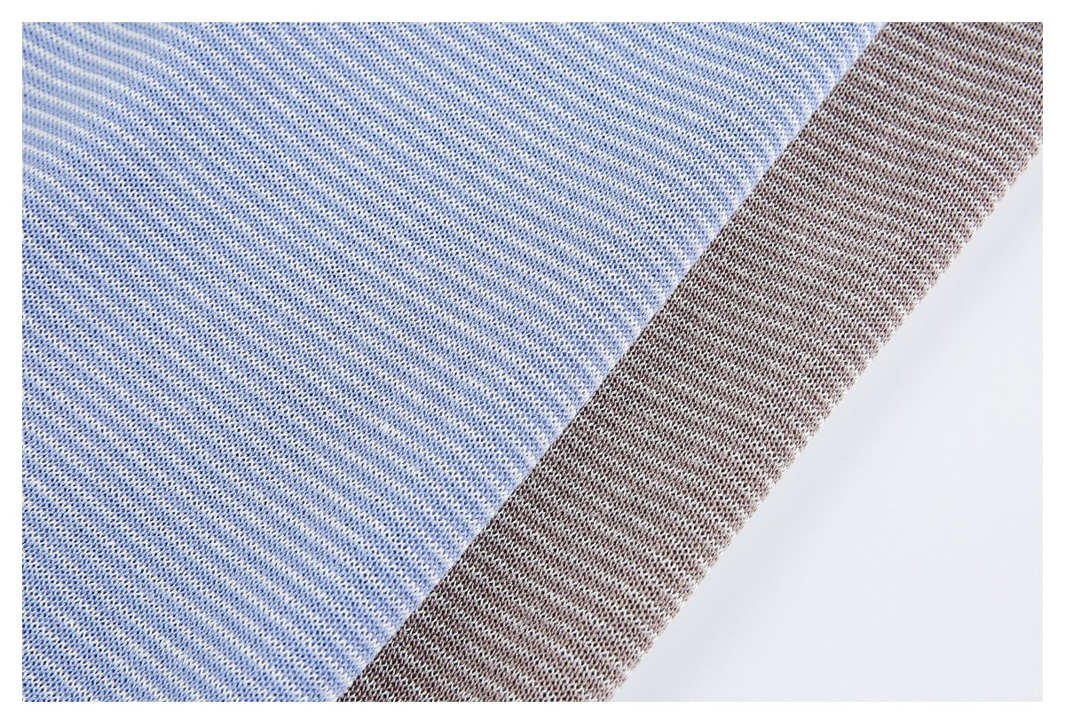 Close-up of blue and taupe knit fabric with a fine, speckled texture.