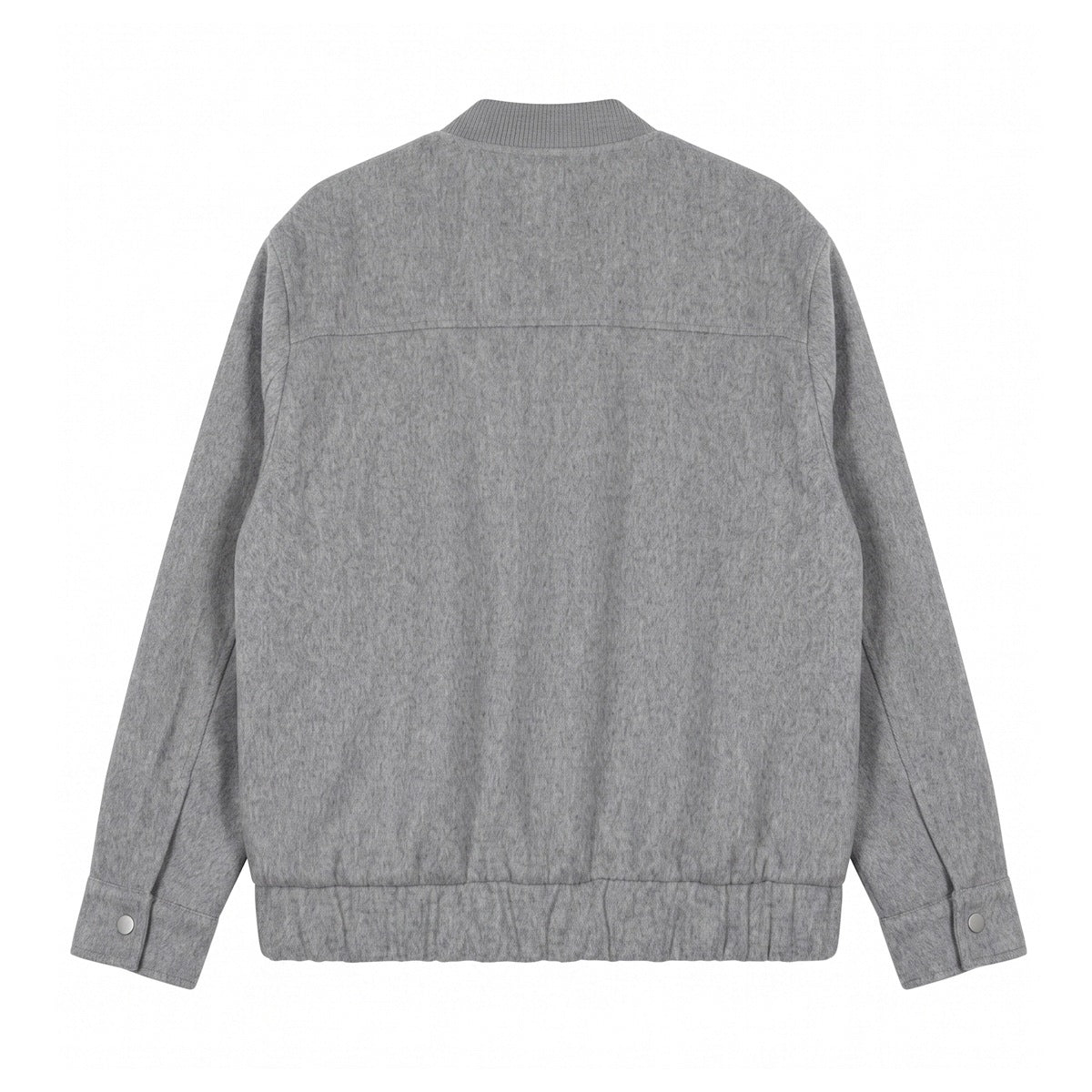 Full back view of a gray jacket with a ribbed collar, long sleeves, snap cuffs, and a horizontal back seam.