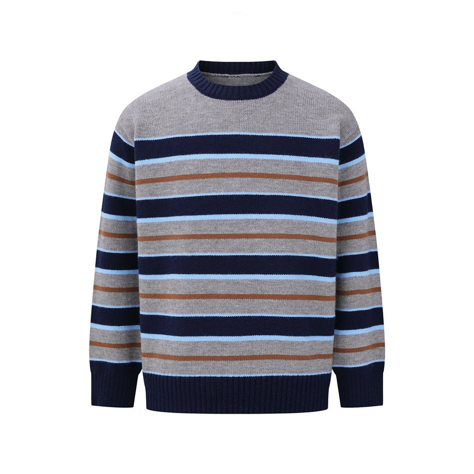 Gray crewneck sweater with navy, light blue and tan horizontal stripes and navy ribbed trim, front flat view