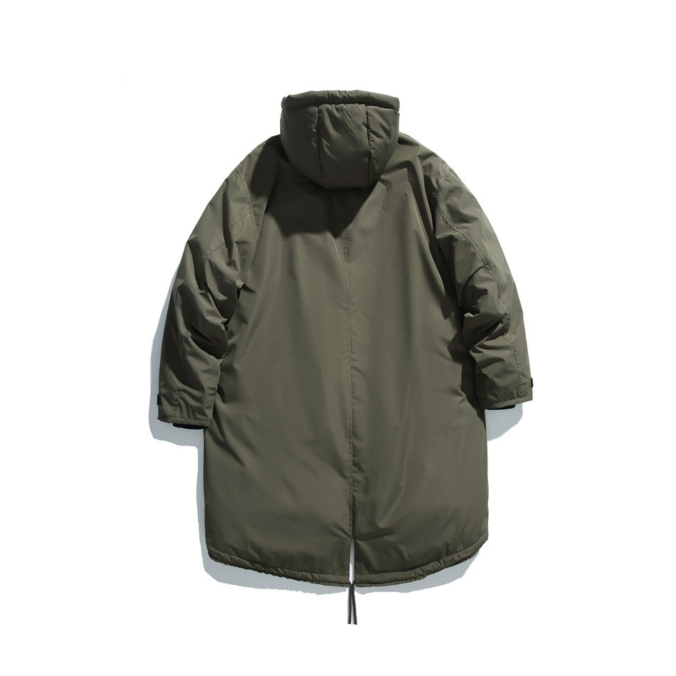 Back view of a dark olive, long hooded coat with gathered sleeves and a drawcord hem.