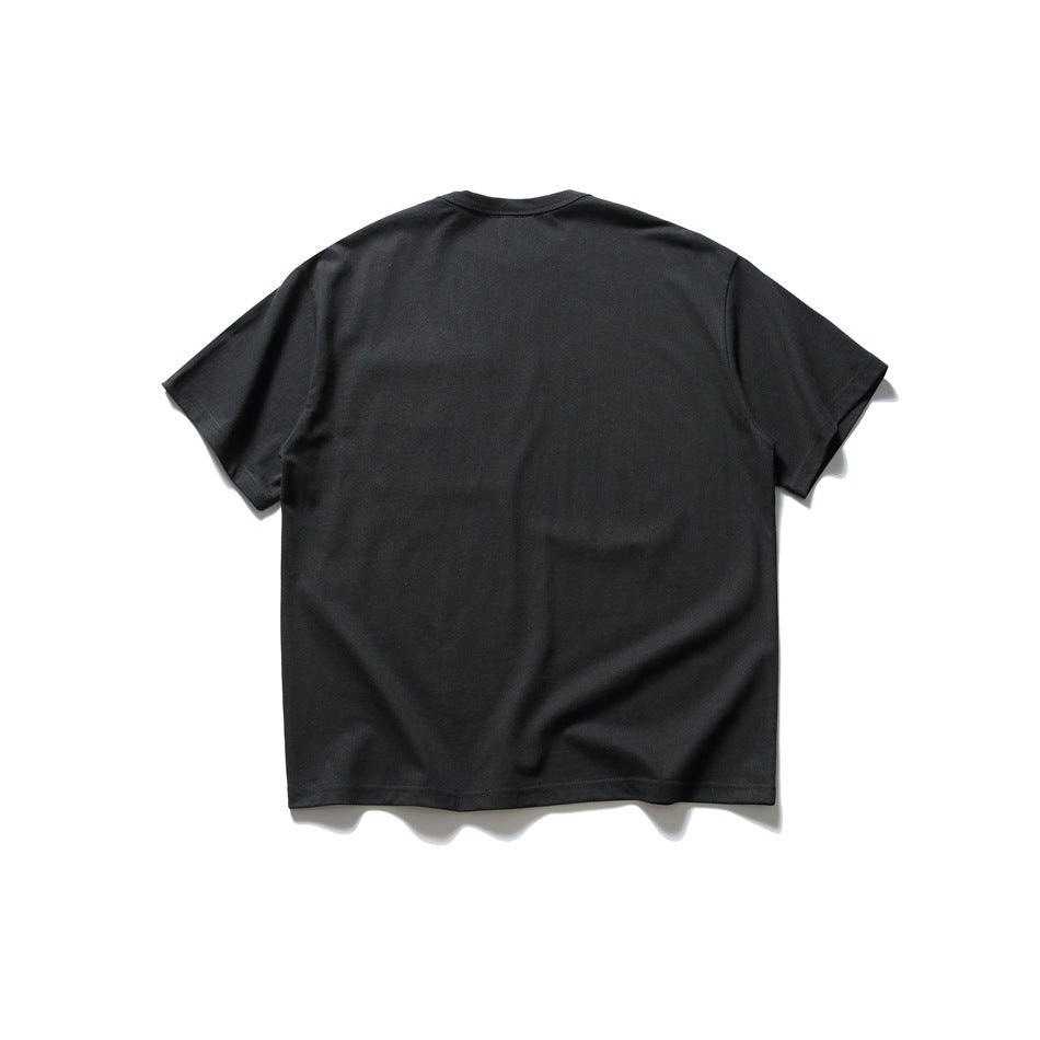 Back view of a plain black short-sleeve crew-neck T-shirt displayed flat against a white background.