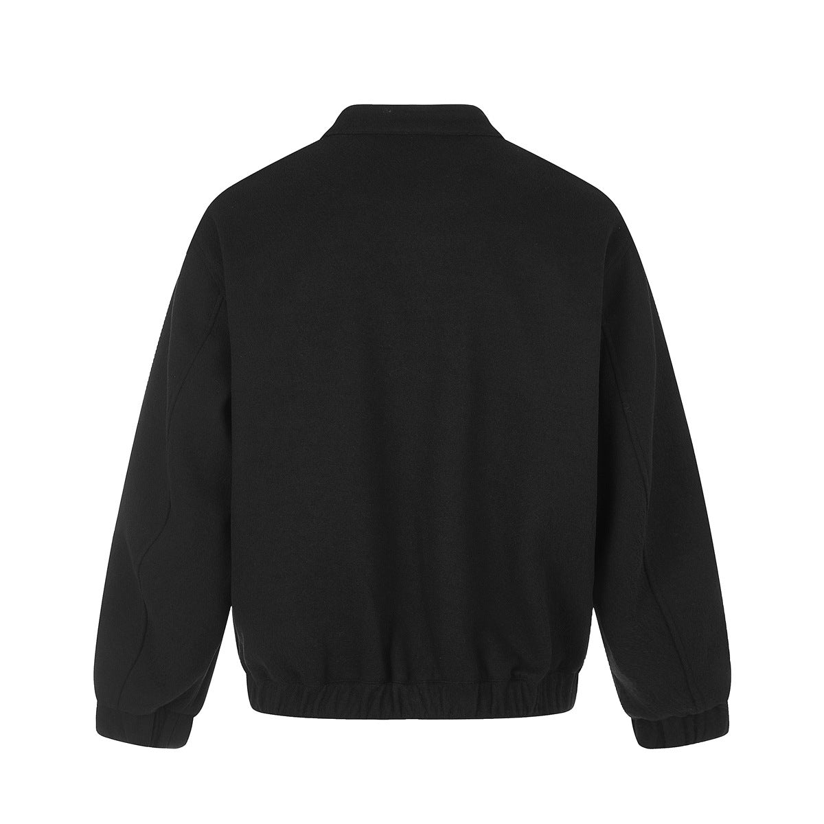 Back view of black stand-collar jacket with curved sleeve seams and elastic hem and cuffs