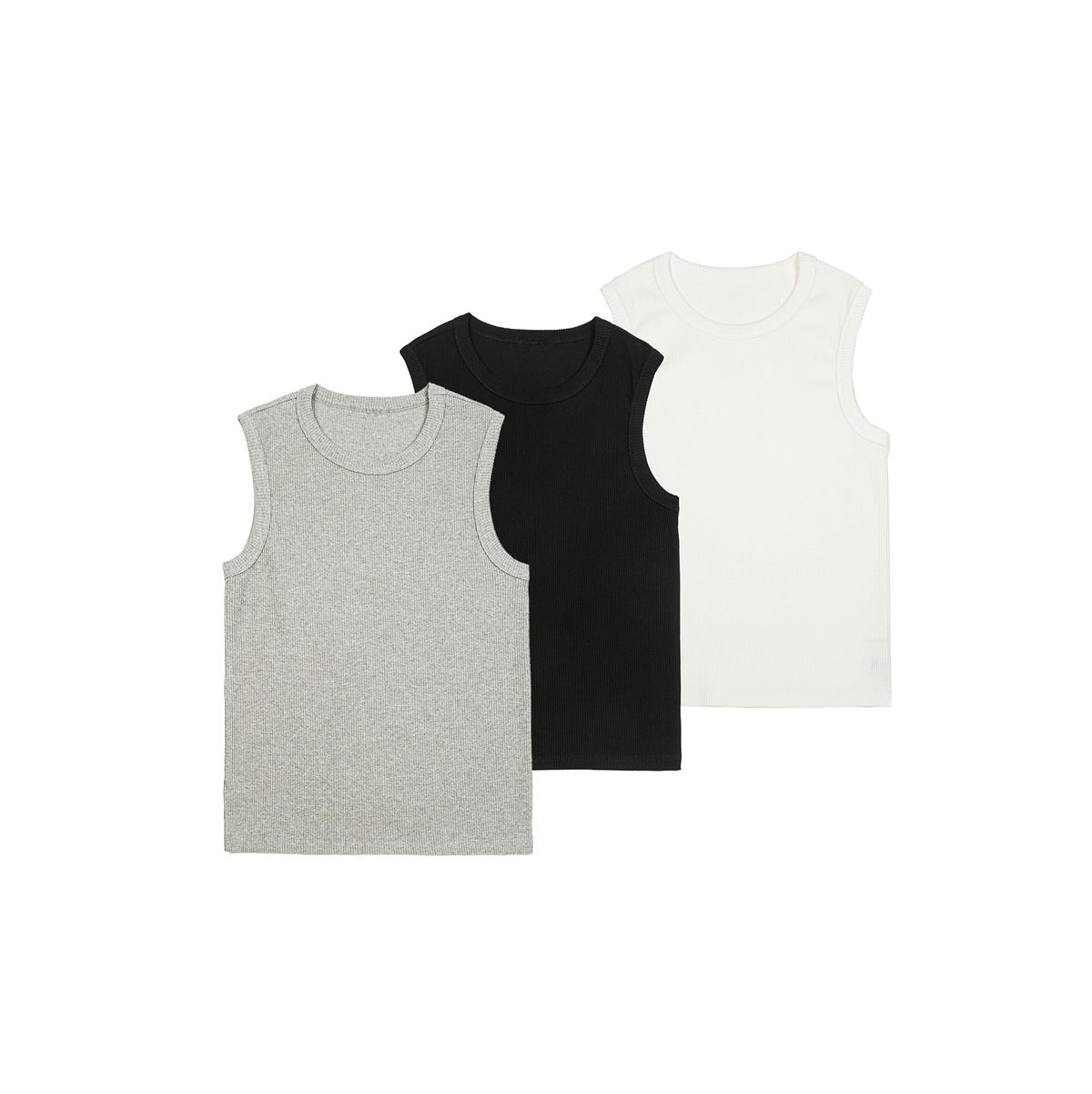 Three sleeveless ribbed tops shown flat: heather gray, black, and white.