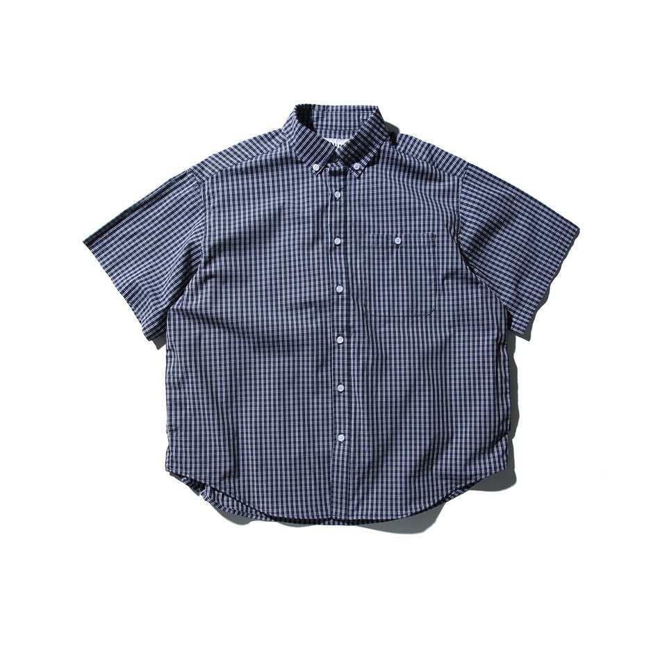 Navy short-sleeve button-down check shirt with chest pocket, flat lay front view