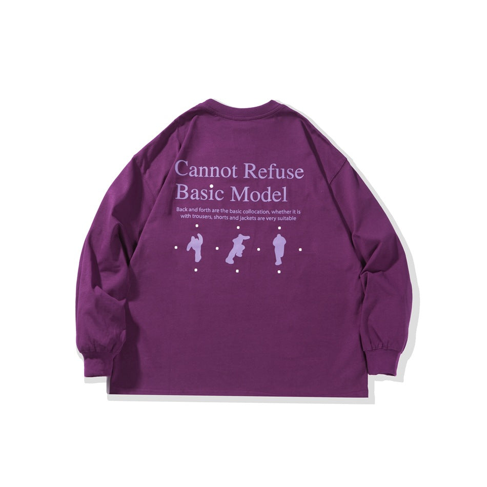 Back of plum purple long-sleeve crew-neck top with lavender 'Cannot Refuse Basic Model' print and three figure silhouettes