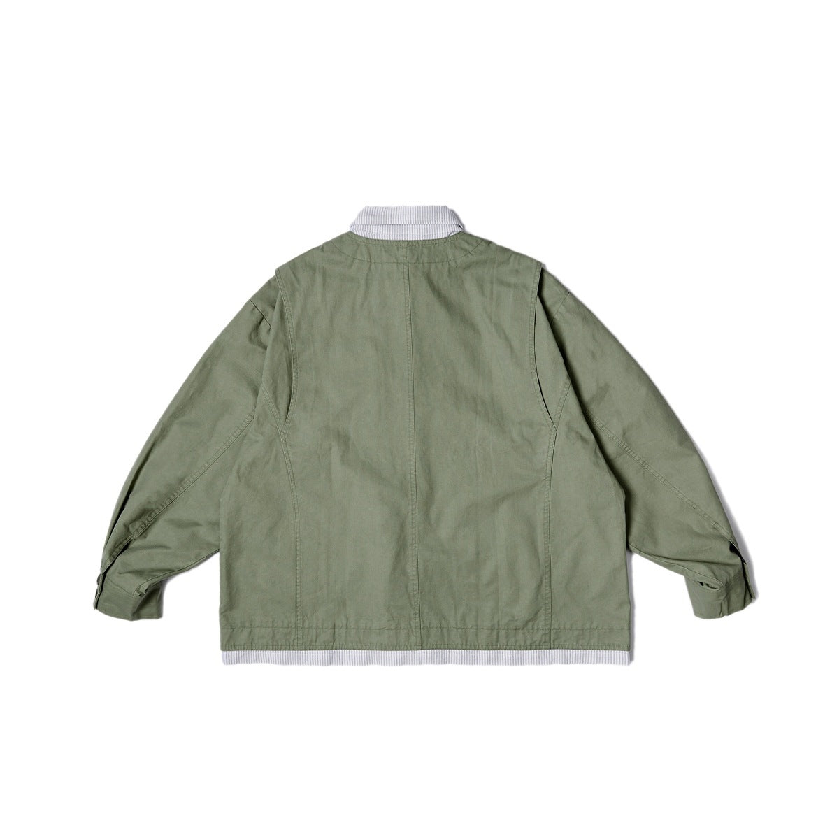 Back view of a muted green utility jacket with long sleeves, a striped collar, and striped hem detail.