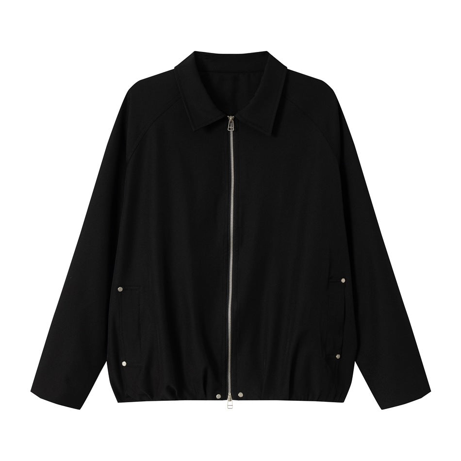 Black zip-front jacket with collar, raglan sleeves, side snap-stud pockets and gathered hem, flat front view