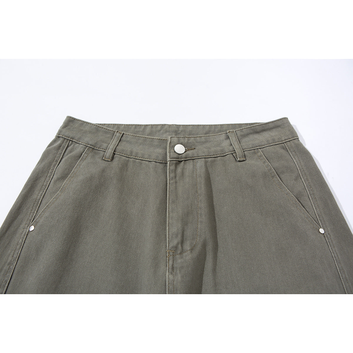 Close-up of olive-gray wide-leg pants showing the waistband, button closure, belt loops, and angled front pockets.