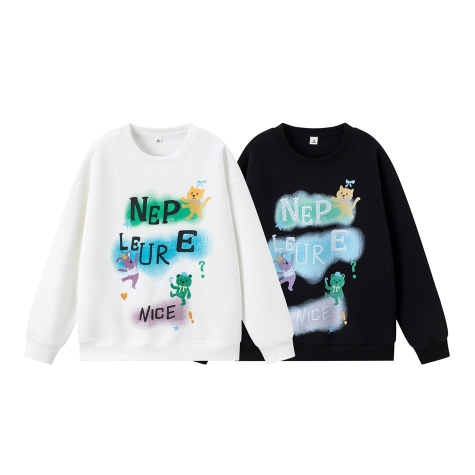 White and black crewneck sweatshirts displayed side by side, each with a colorful cartoon animal and lettering print.