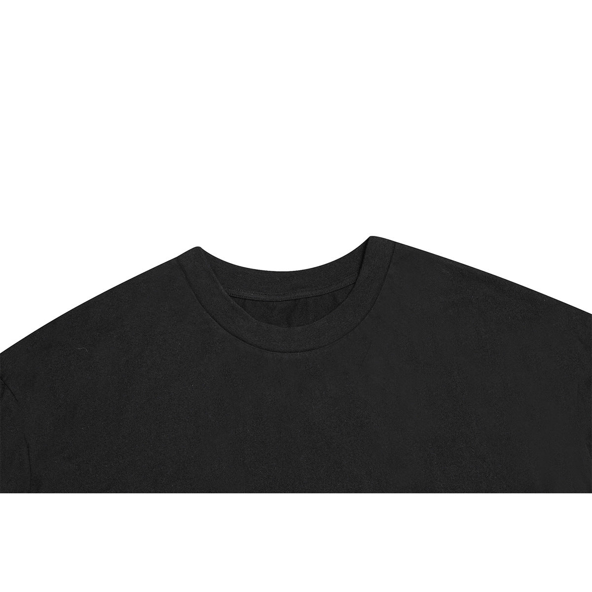 Close crop of a plain black T-shirt showing its crew neckline and upper chest.