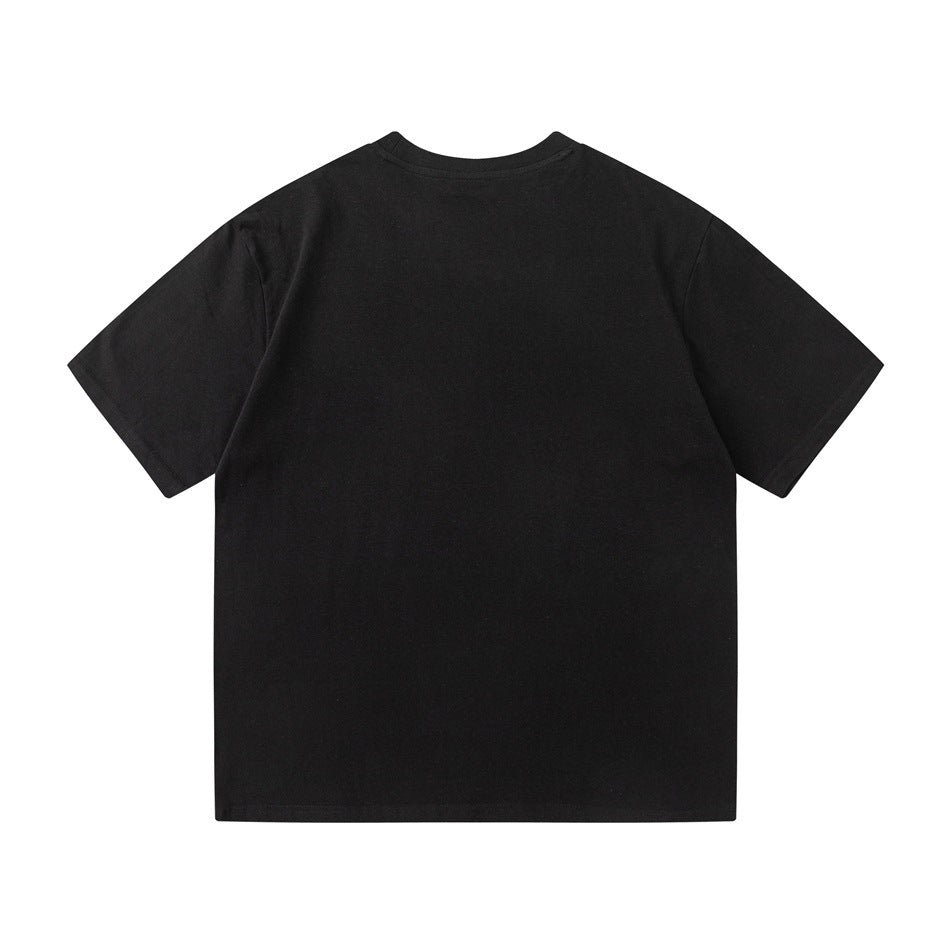 Back view of a plain black short-sleeve crew neck T-shirt