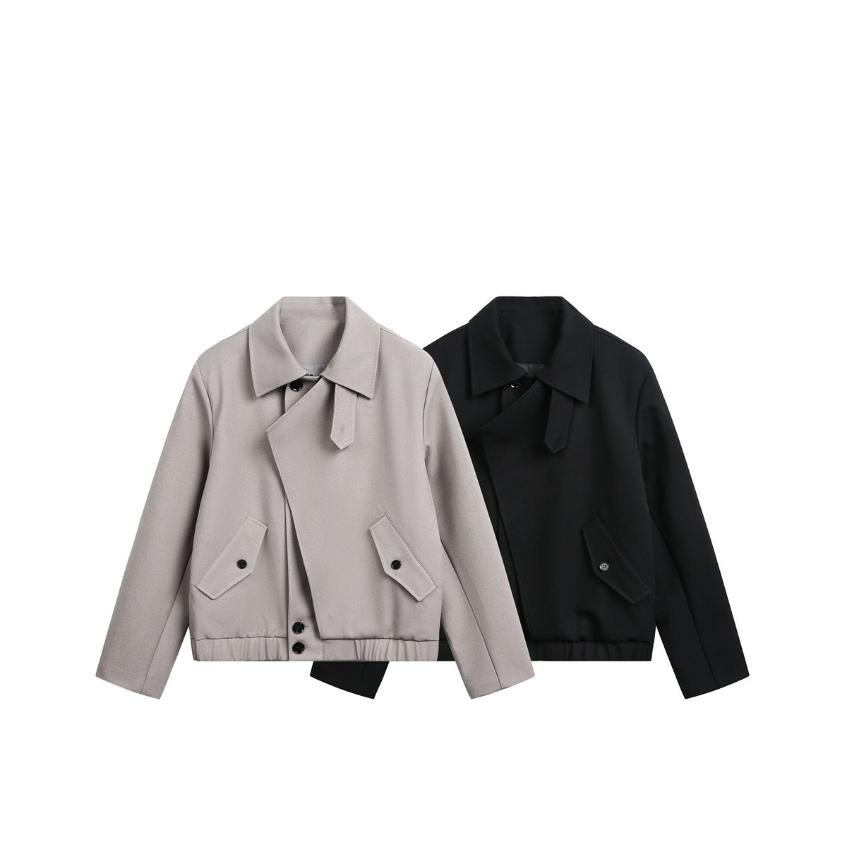 Two jackets shown together in taupe and black, each with a broad collar, asymmetric front and angled pockets.