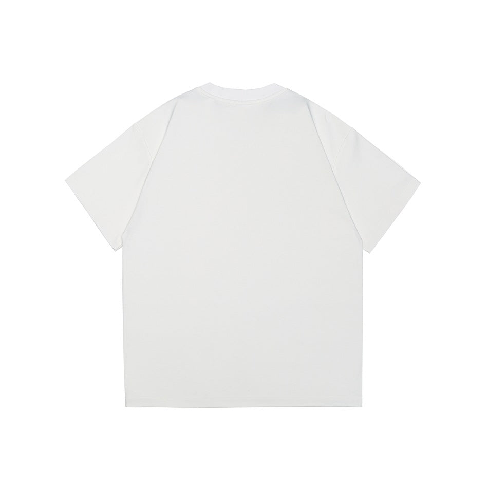 Back view of a plain white short-sleeve crew-neck T-shirt laid flat.