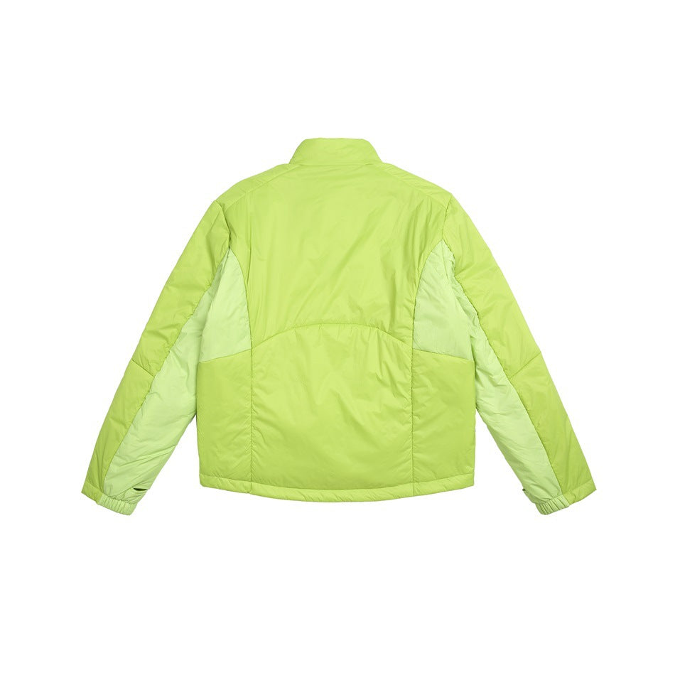 Rear view of a lime green jacket with pale green side panels, a stand collar, and elastic cuffs.