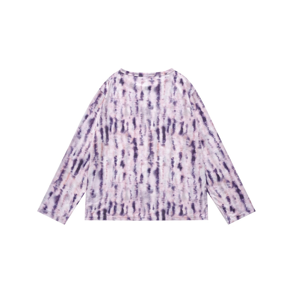 Purple-pink tie-dye print long-sleeve top laid flat, back view