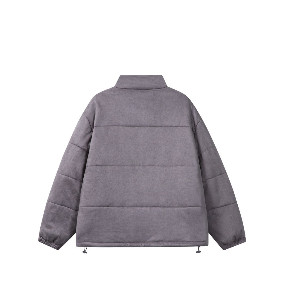 Back view of a gray quilted jacket with a stand collar, elastic cuffs, and adjustable hem cords.