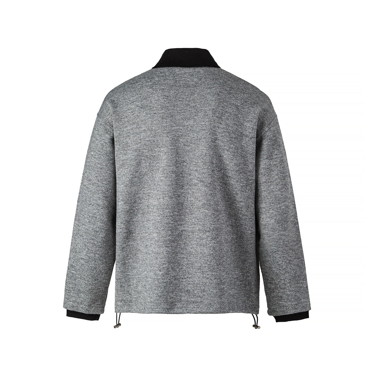 Back view of a light heather gray long-sleeve pullover with a black collar, cuffs, and adjustable hem cords.