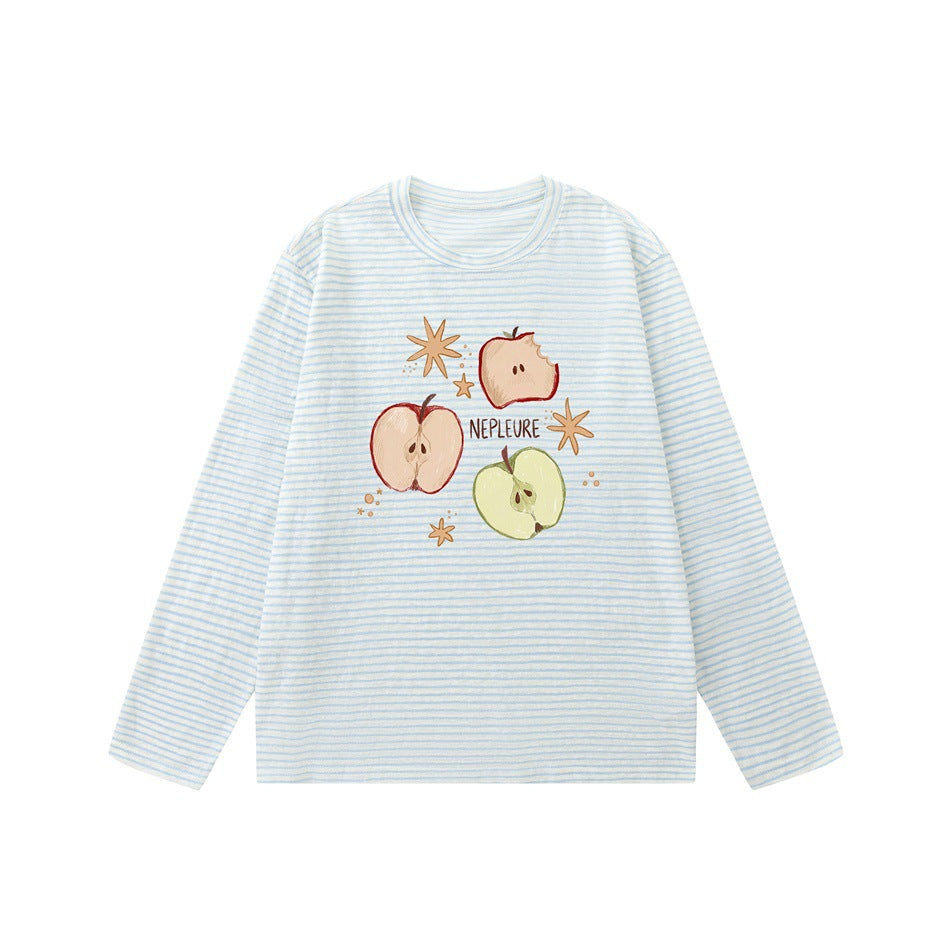 Blue striped long-sleeve crew neck tee with apple halves and star print on the front, flat lay