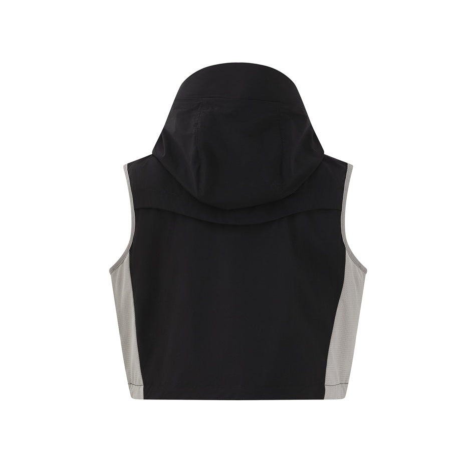 Back view of a black hooded vest with light gray side panels.