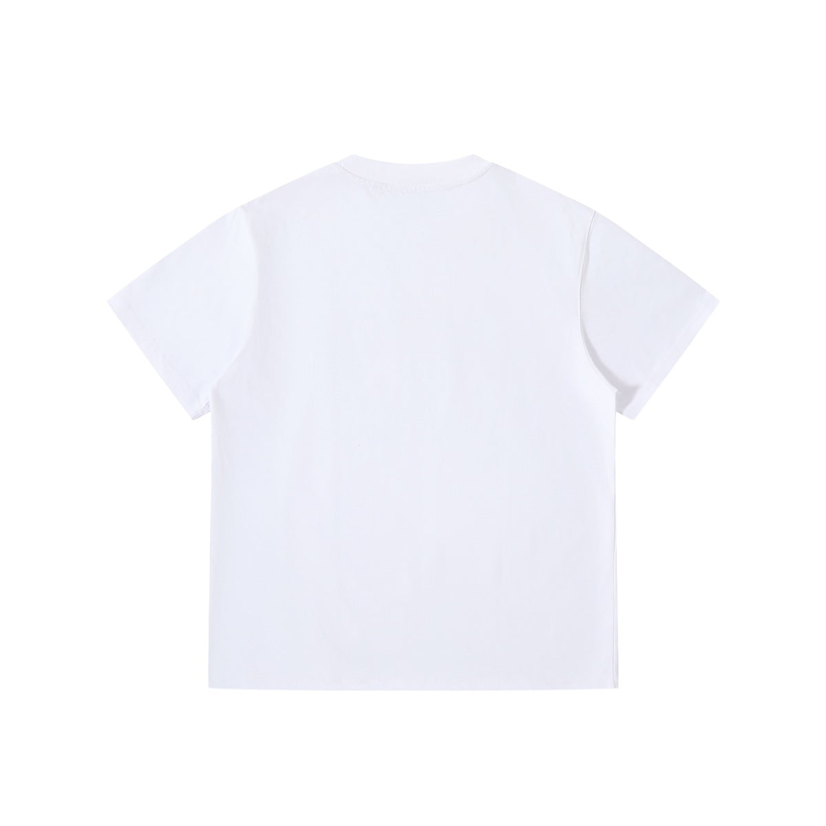 Back view of a plain white short-sleeve crew-neck T-shirt laid flat.