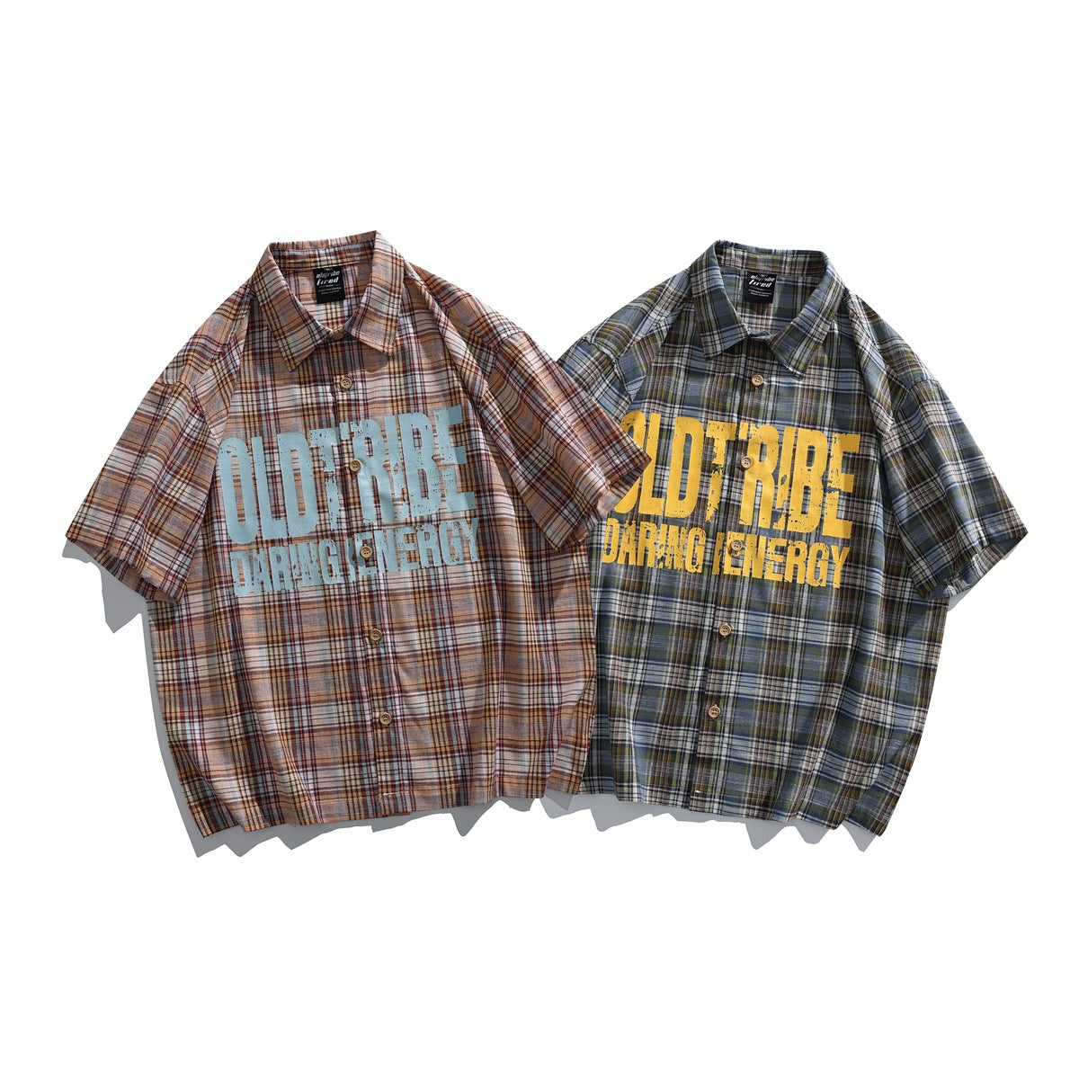 Two short-sleeve plaid button-up shirts shown from the front: one rust and tan with blue print, one blue and green with