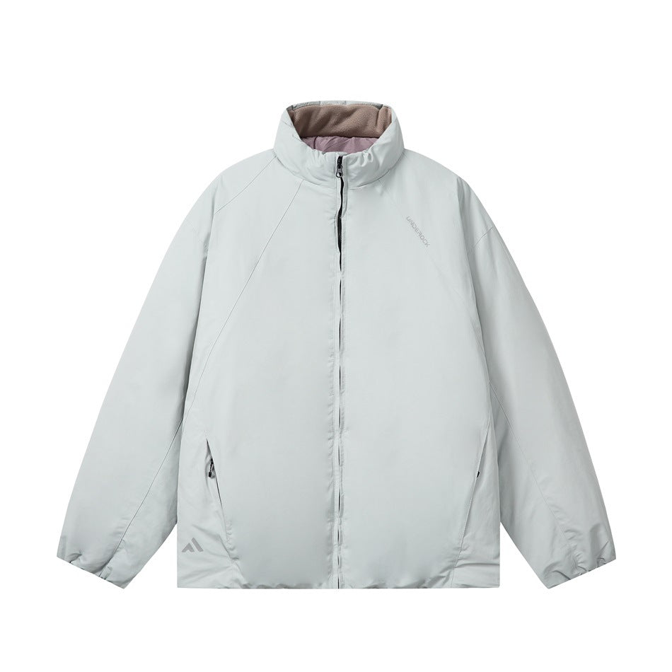 Light blue-gray padded stand-collar zip jacket with taupe collar lining and zippered side pockets, front view