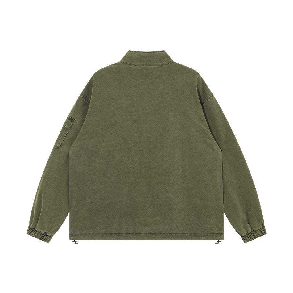 Back view of an olive utility jacket with a stand collar, long sleeves, and elastic cuffs.