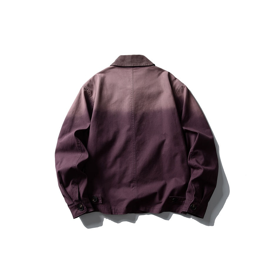 Back view of a plum button-front jacket laid flat, with a center seam and buttoned cuffs.