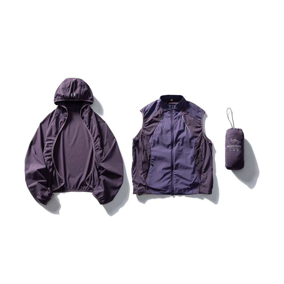 Plum-purple hooded jacket, matching zip-front sleeveless vest, and drawstring pouch arranged together.