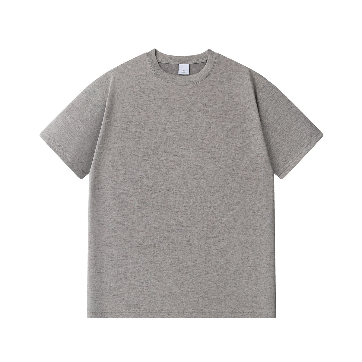 Medium gray heathered short-sleeve crew-neck T-shirt laid flat, front view