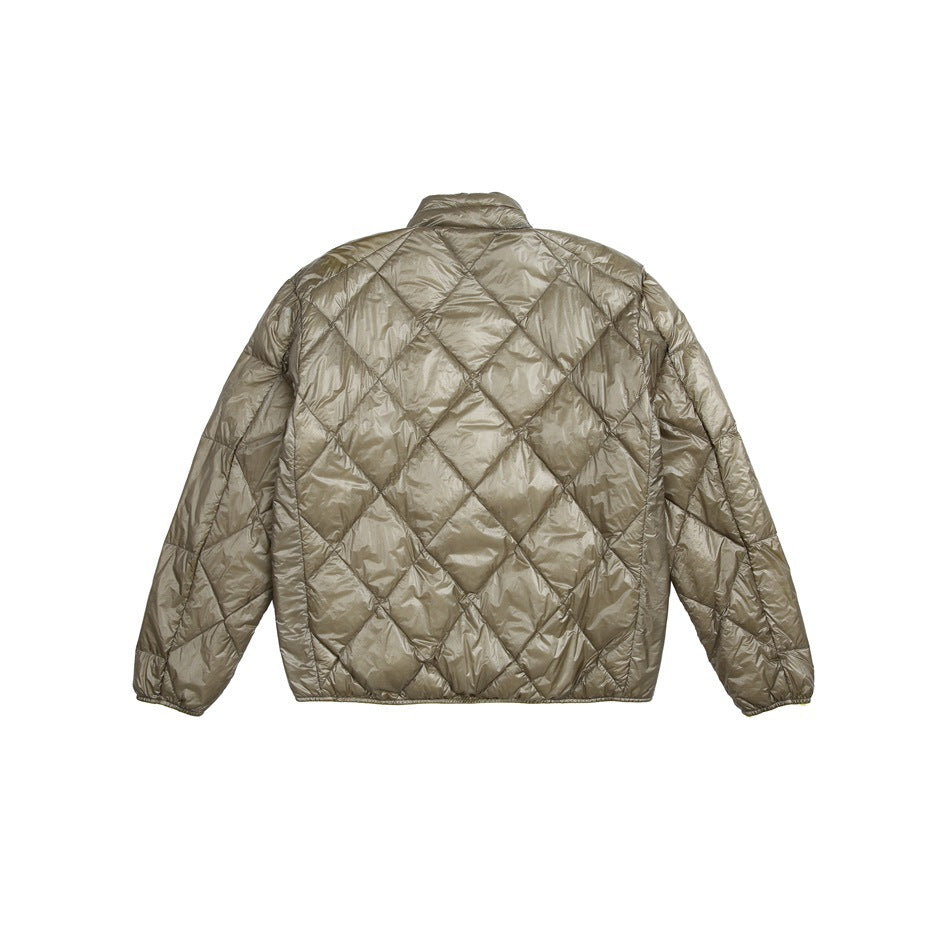 Back view of a taupe-gray quilted jacket with diamond stitching and a stand collar.