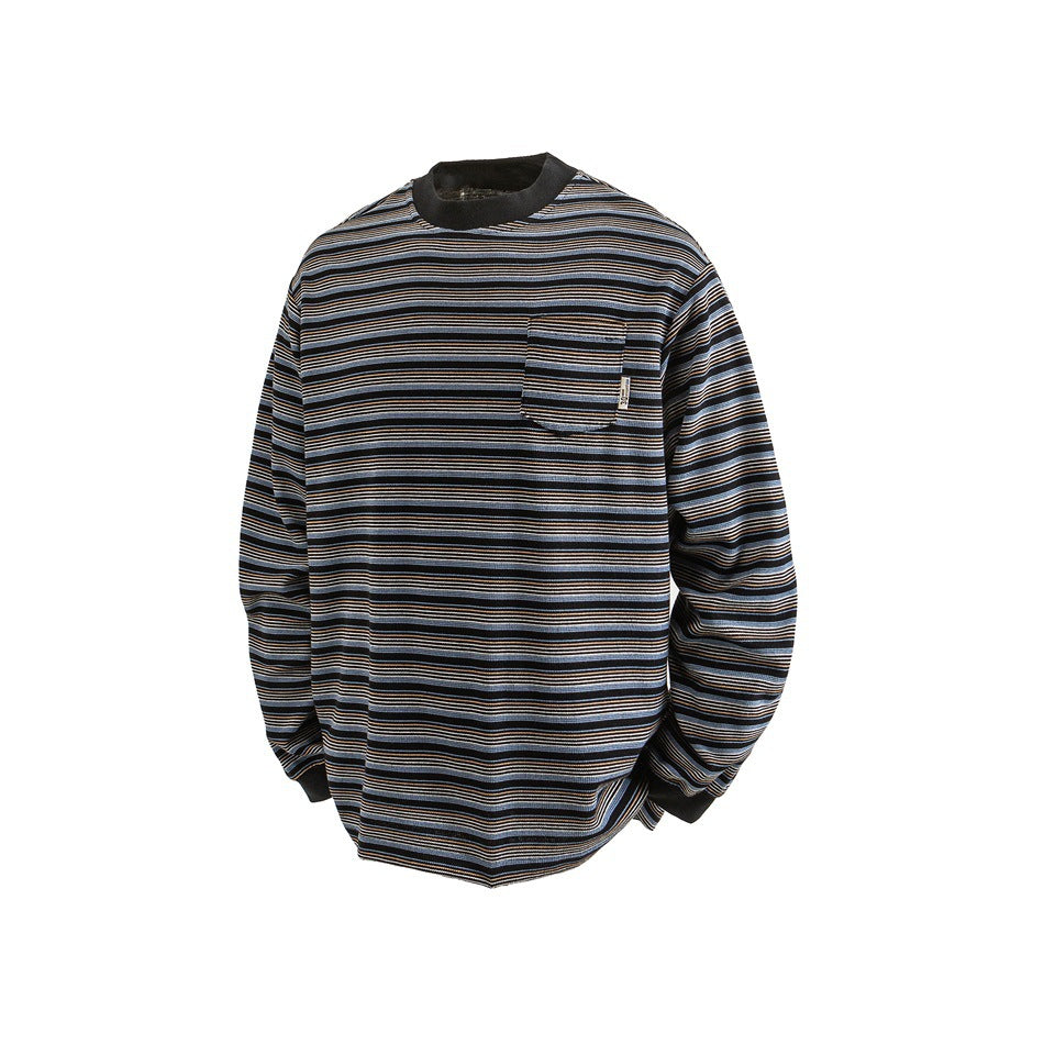 Black striped long-sleeve crew neck top with blue and tan lines, ribbed collar and cuffs, and chest pocket